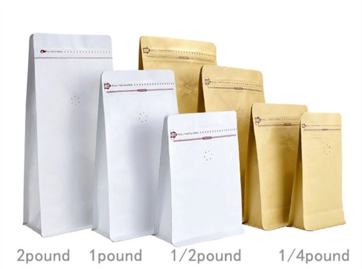 Bolsa de café personalizada 100g 250g 500g 1kg Bolsa de café en grano de papel Kraft marrón de fondo plano con válvula y cierre hermético